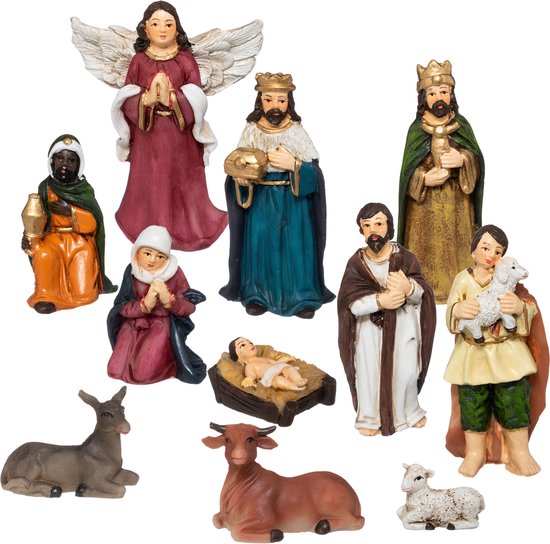 Complete kerststal - 39 x 18 x 28 cm - met 11 kerstbeeldjes - kerstdecoratie stal