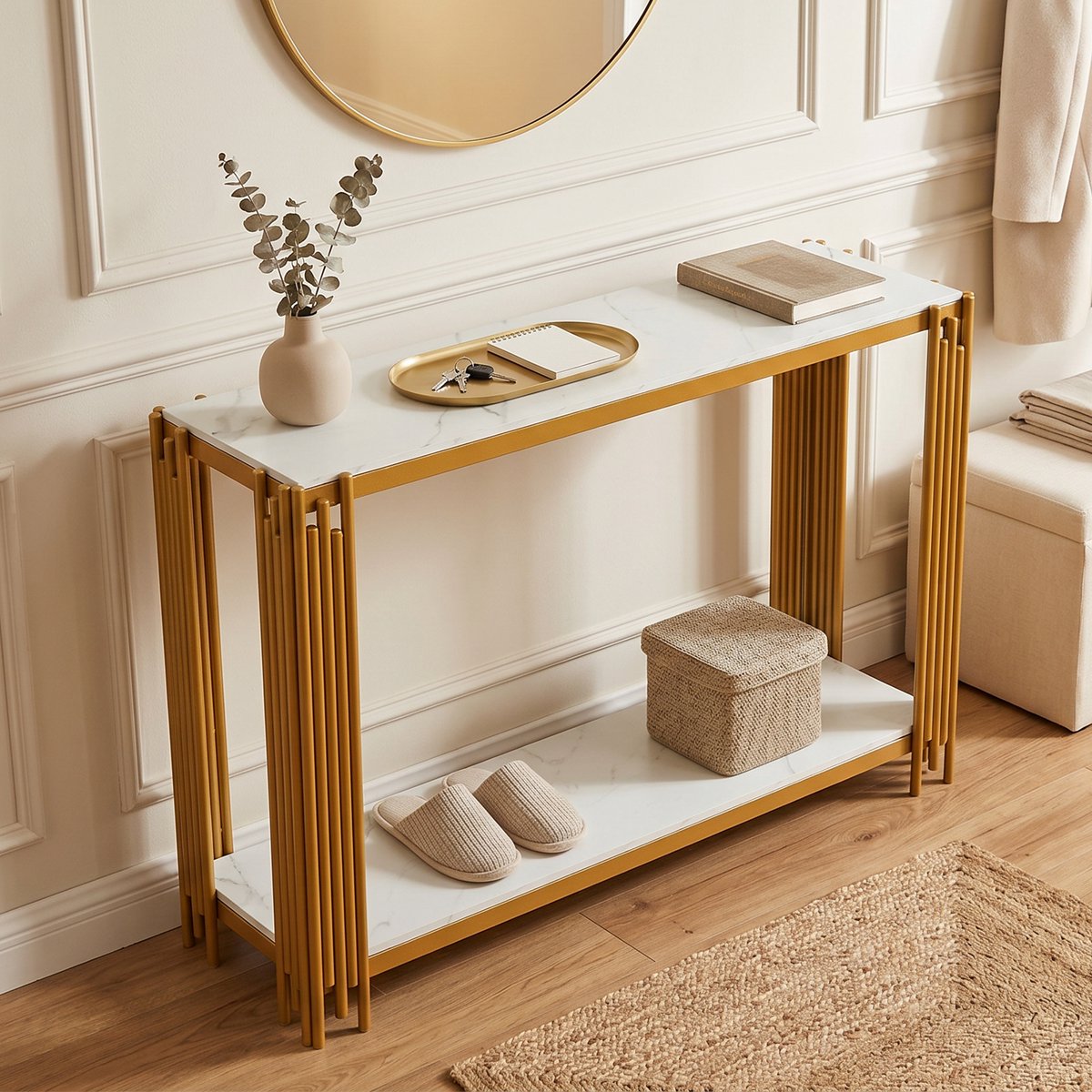 Moderne Entreetafel - Smalle Consoletafel Met Marmerlook Blad - Gouden Metalen Frame Voor Hal En Woonkamer