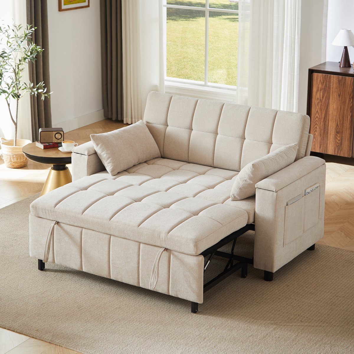Beige Chenille 2-persoons 3-in-1 Sofa Bed met Opbergruimte - Ruimtebesparend Ontwerp - 148x81x86 cm