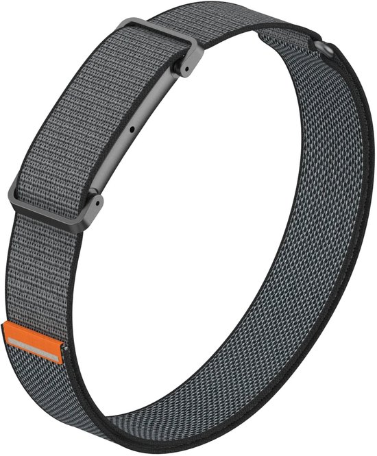 Donkergrijs gevlochten nylon bandje met metalen sluiting en oranje detail.