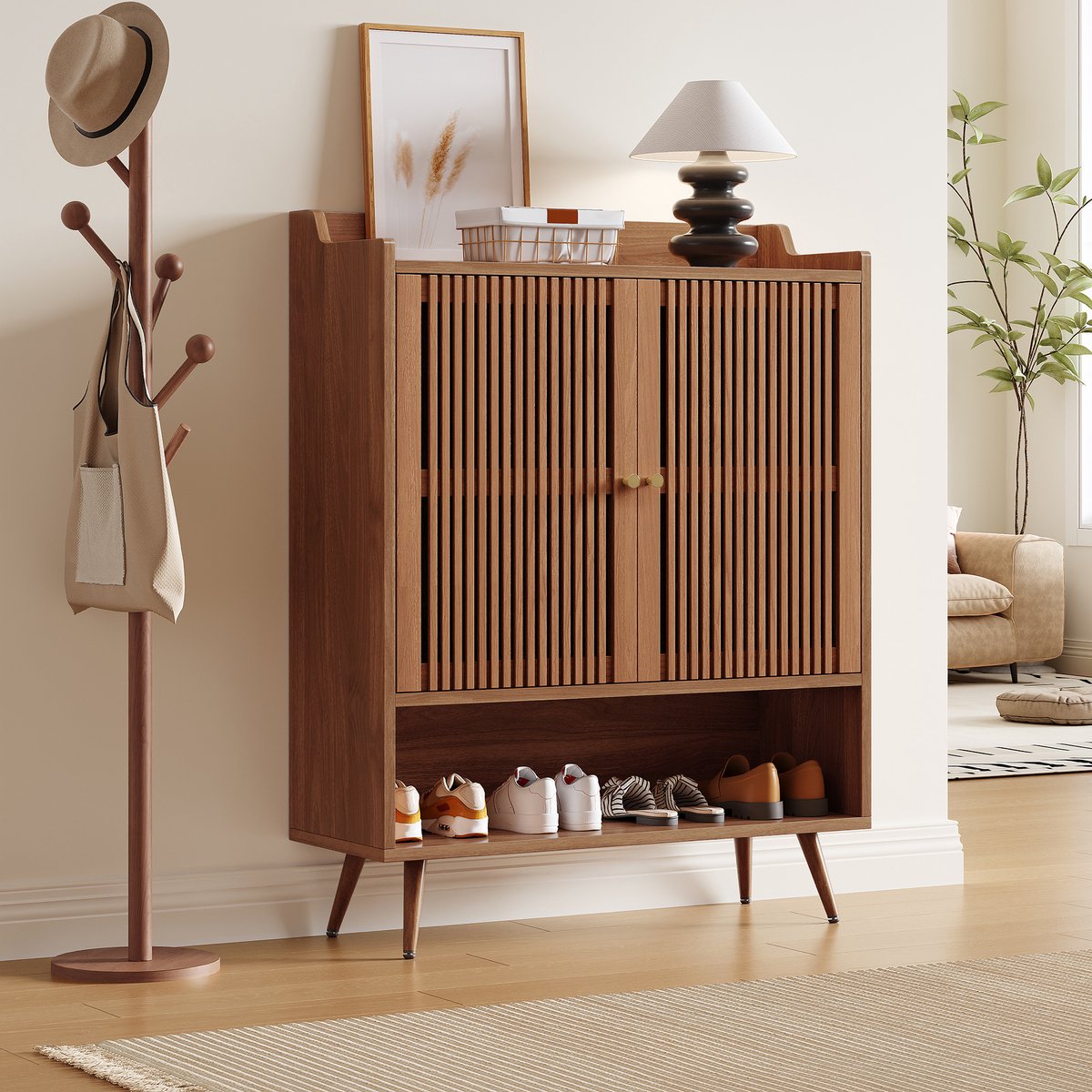 VVBV Schoenenkast - 80 x 35 x 105 cm, Walnoot, met Deuren, Geribbelde Fronten, voor Hal en Entree