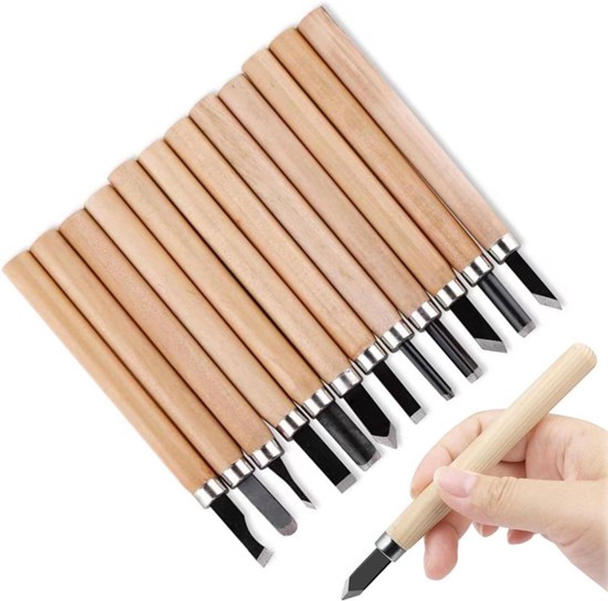 12-delige snijmessen set voor houtbewerking met snijgereedschap en houtsnijgereedschapsset. Ideal voor precisiewerk en houtsnijden.