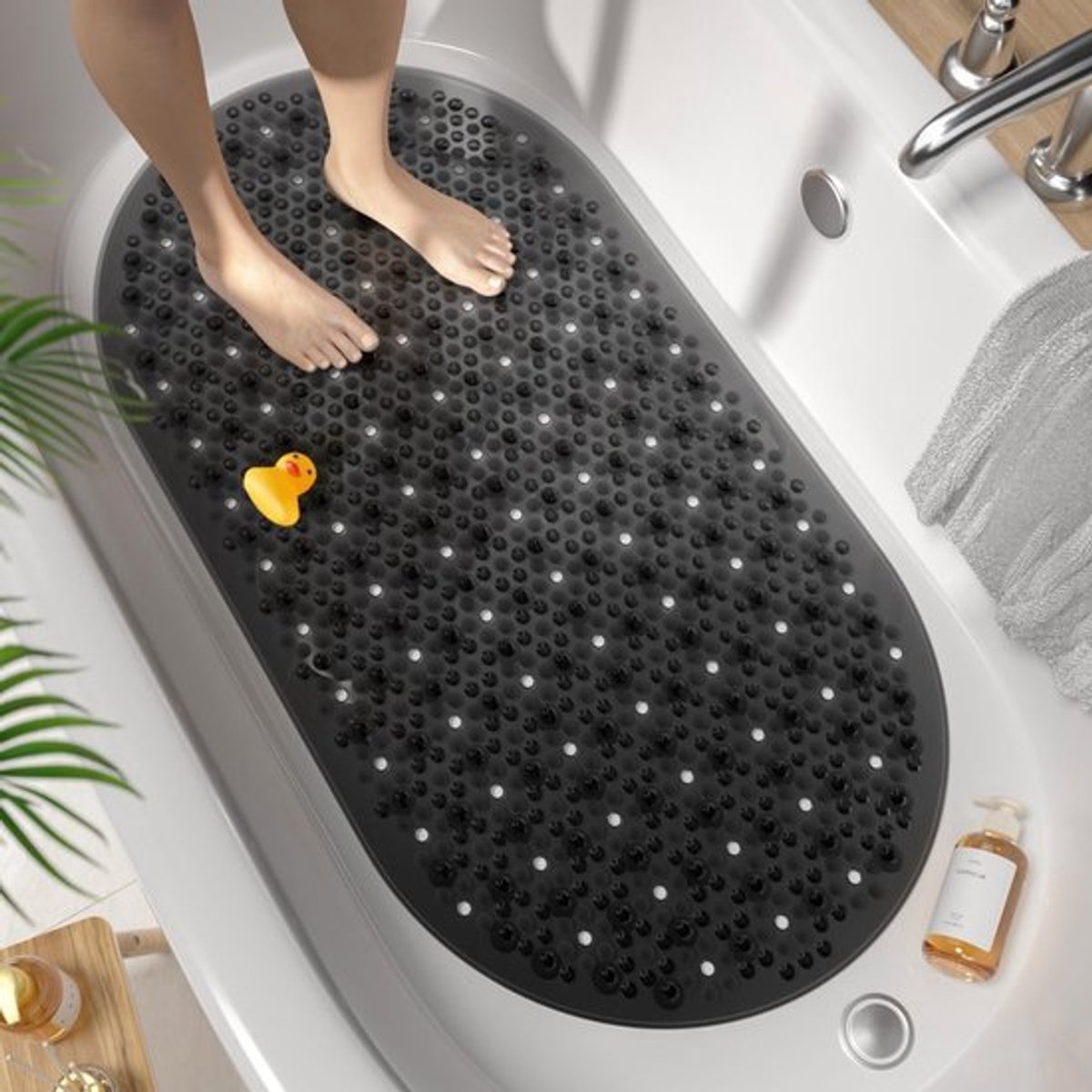 Antislip Oval Badmat voor Badkuip en Douche, 68 x 38 cm, Machinewasbaar, Schimmelbestendig en Veilig voor Kinderen, Zwart