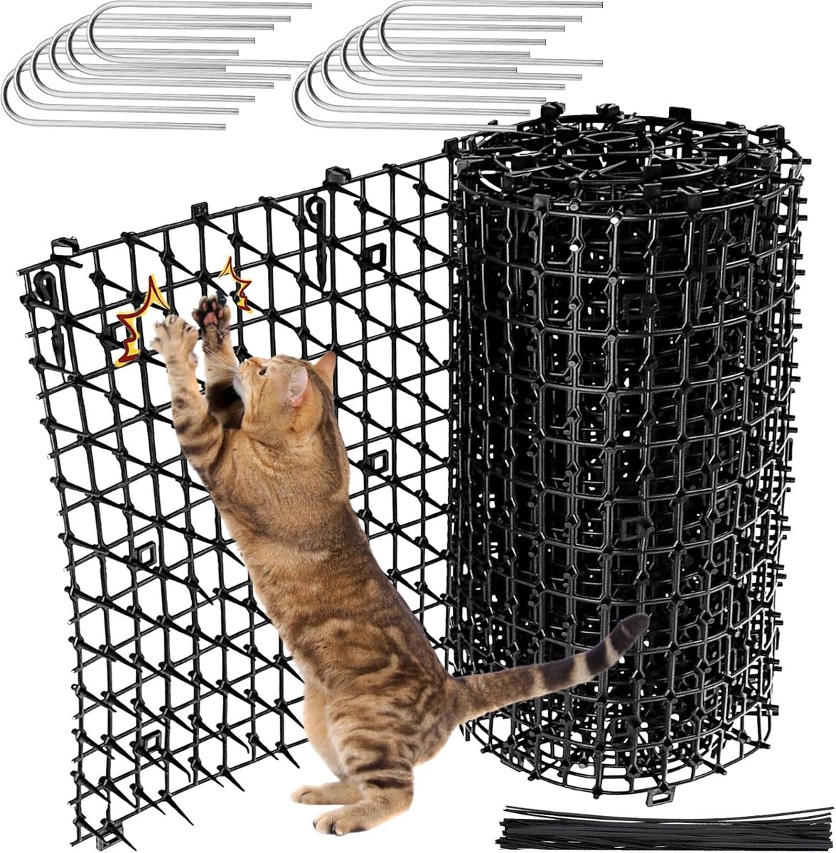 Tegen katten, 30 cm x 400 cm, met 12 U-haringen en 15 kabelbinders, kattenafweermat voor tuin en balkon, kattenverjager en martermat als dierenafweer voor borders, auto, hek en