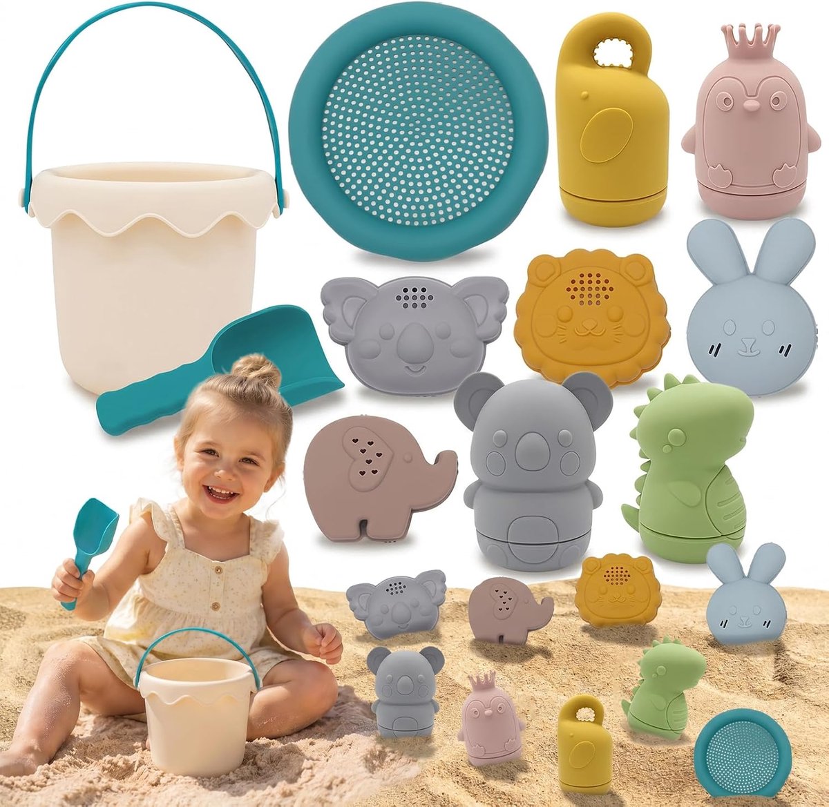 Babystrand, van siliconen, strandspeelgoed voor kinderen, 11-delig, met opvouwbare strandemmer, dierenmodel, voor zandbak, binnen en buiten, tuinspeelgoed