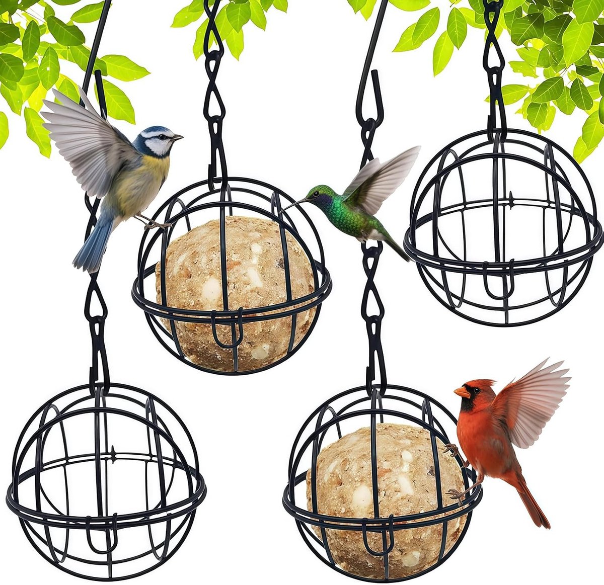 4 stuks beitelbollenhouders, vogelvoederstation, metalen kogelhouder, metalen vogelvoederketting, vogelhuisje op balkon, vogelvoederstation met klapdeksel voor alle soorten vogels in de tuin (zwart)