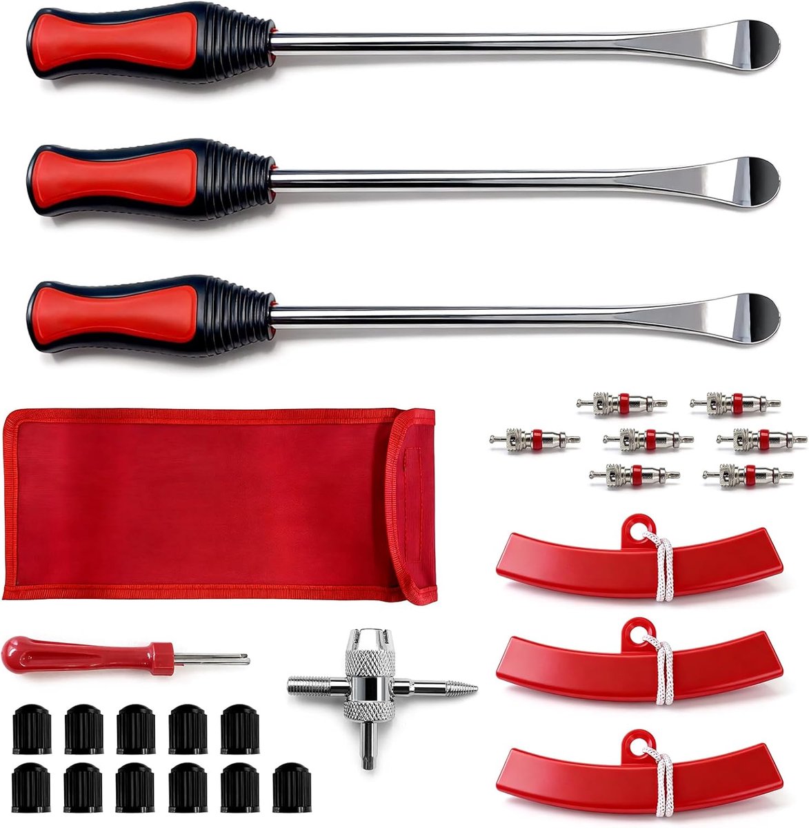 Set van 26 bandenmontage gereedschappen met bandenlichters, ventieldoppen en 3 velgbeschermers – Professioneel gereedschap voor auto, motorfiets, fiets, grasmaaier en meer