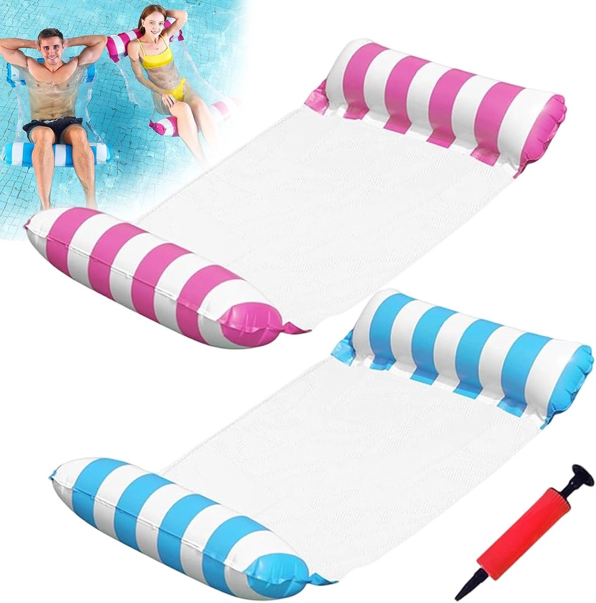 2 verpakkingen luchtmatras, waterhangmat, luchtmatras, zwembadaccessoires, plezier, hangmat, zwembad, floats volwassenen, opblaasbare waterhangmat met net, zwemstoel en zwembadspeelgoed