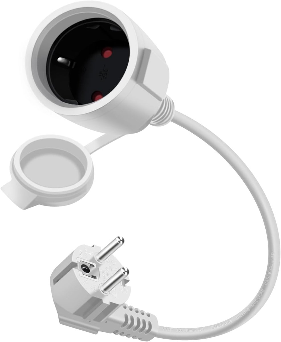 Verlenging kort 90 Graden Schuko Verlengkabel 16 A, 250 V Geaarde Verlengkabel Waterdicht, Voor Stopcontact IP44 Voor Buiten of Binnen Thuis Kantoor (Wit, 0.3m)