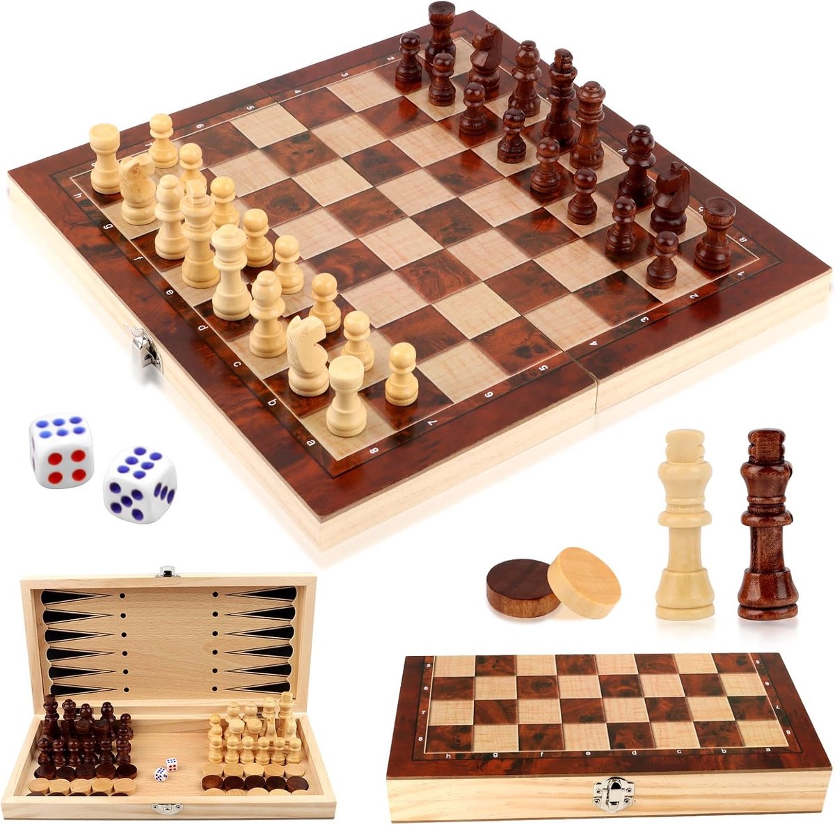 Talifoca Schaakspel van hout, 3-in-1 schaakbord, draagbare en opvouwbare schaakbordset, voor kinderen, volwassenen, feest, reizen, 29 x 29 cm