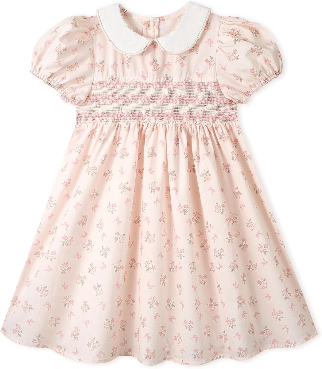 Jurk met bloemen, gesmokt, katoen, voor kleine meisjes, elegant, vintage, casual, pofmouwen, prinses, zomer, kinderjurken
