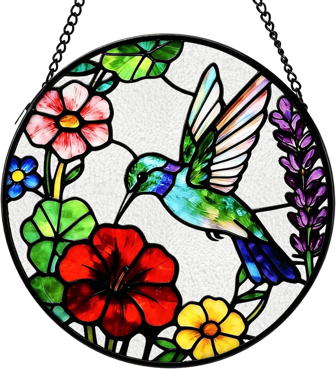 Kolibrie zonnevanger, raamdecoratie, hangend, van glas, 16 cm, kleurrijke suncatcher met kolibrie- en bloemenmotief, voor feeëntuin, balkon, woonkamer, slaapkamer, cadeau voor vrouwen, mama
