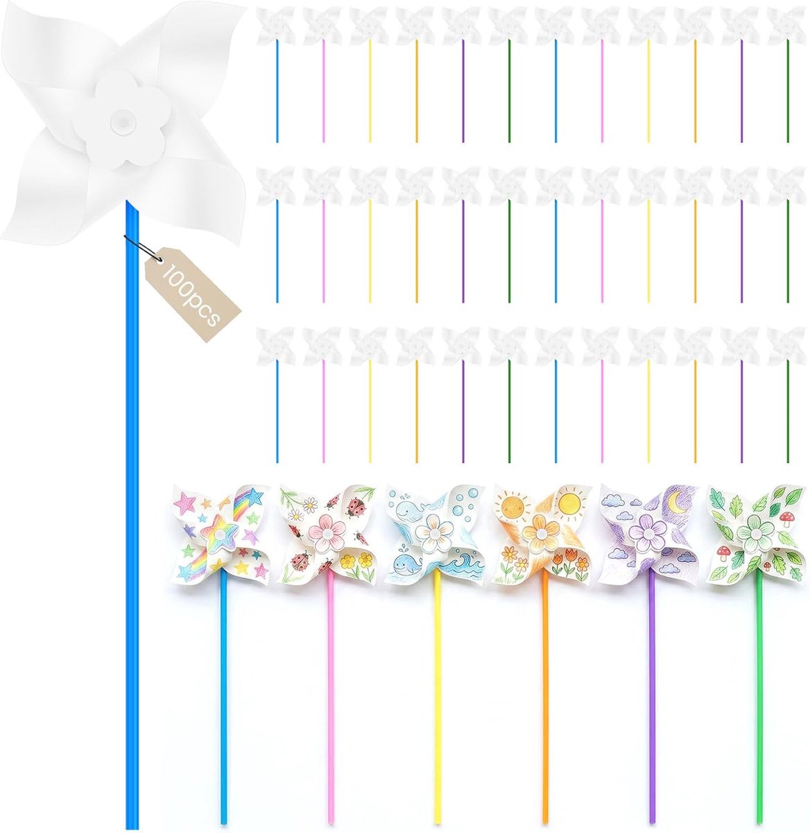 Windmolen, knutselset, kleurrijke regenboog-windmolen van kunststof en papier, weerbestendig, windspel, pinwheels voor tuin, gazon, party, school, Pasen, zomeractiviteiten, carnaval