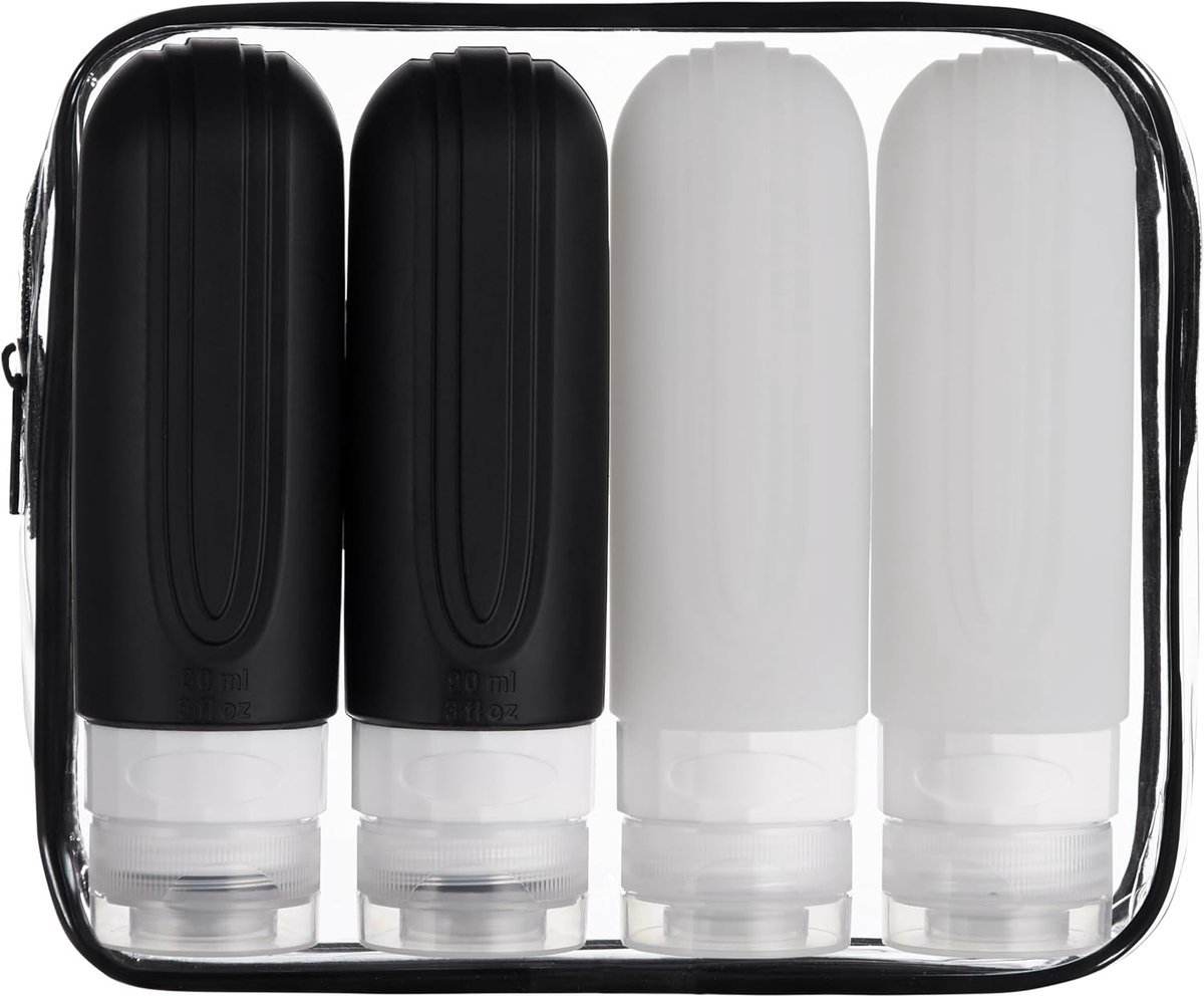 siliconen reisflessen set met transparante toilettas, 4 stuks 90 ml, lekvrij, navulbaar, geschikt voor handbagage, BPA vrij (zwart-wit)