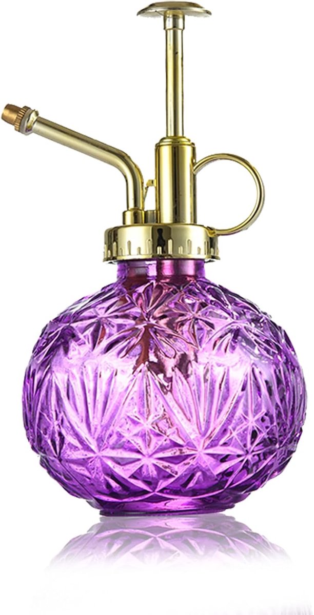 plantenspuitfles, 240 ml, retro reliëf, plantenspuit met pomp, geavanceerde bloemenverstuiver, drukspuit voor balkon, kleine tuinplanten, binnen, huis of kantoor, paars