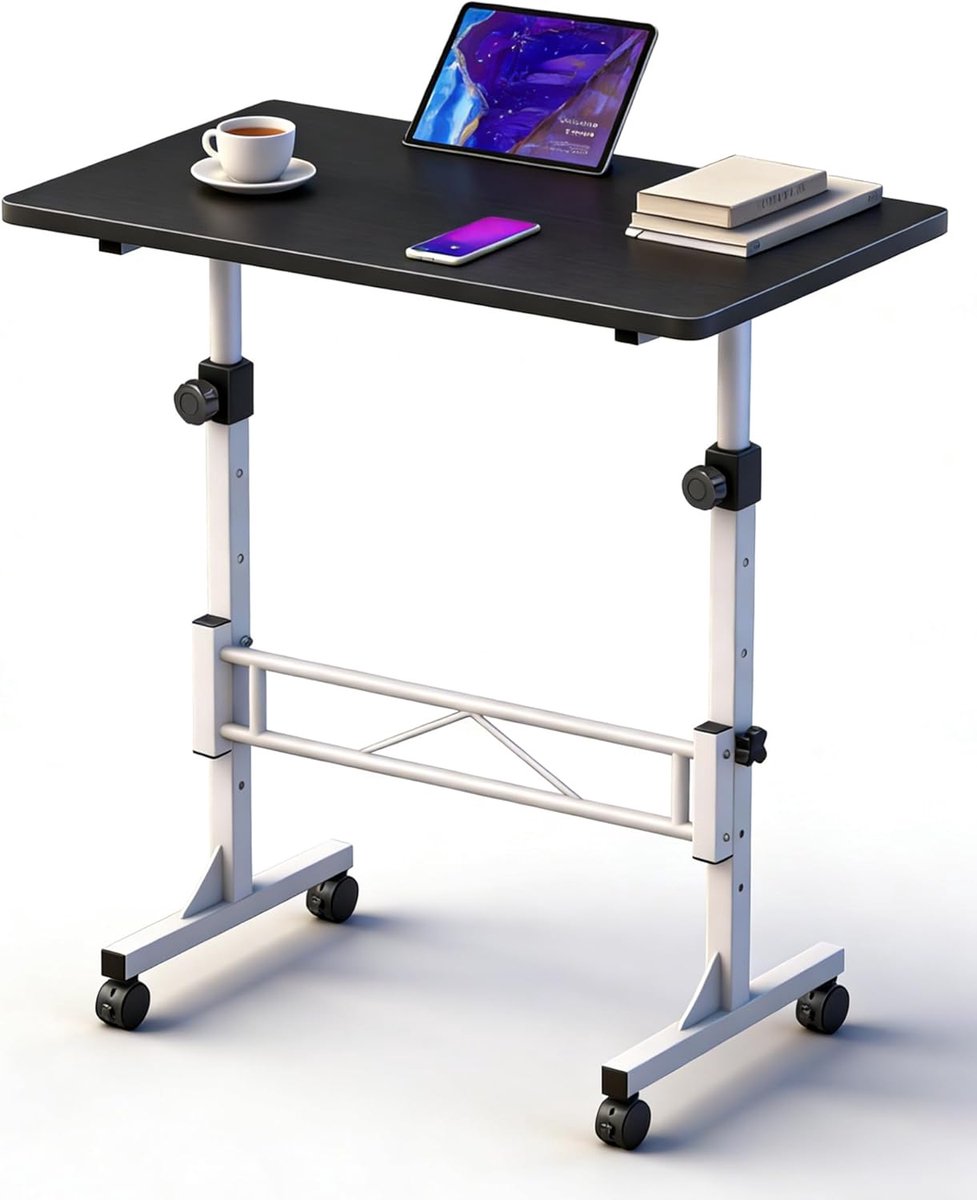 RayLove in hoogte verstelbaar bureau met wielen, mobiel computerbureau met 4 vergrendelbare zwenkwielen, zwart-wit staand bureau, compatibel met loopband en loopmat, 80 cm x 40 cm, hoogte 70-110 cm