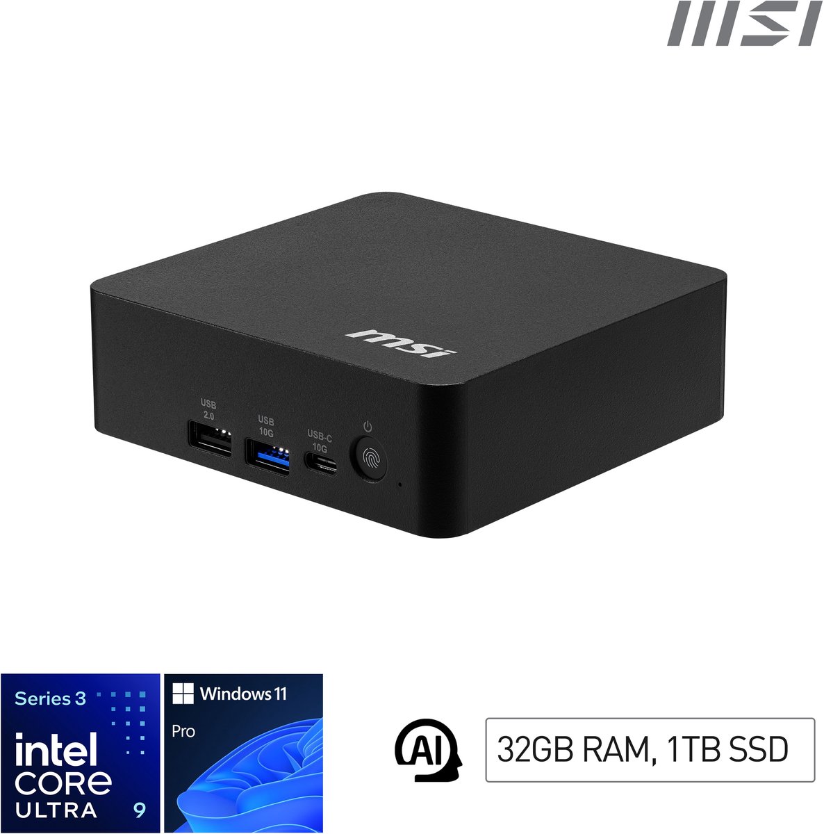 MSI Cubi NUC AI+ 3MG-002EU Copilot+ PC Intel Core Ultra 9 386H 32 GB DDR5-SDRAM 1 TB SSD Windows 11 Pro Mini PC Zwart