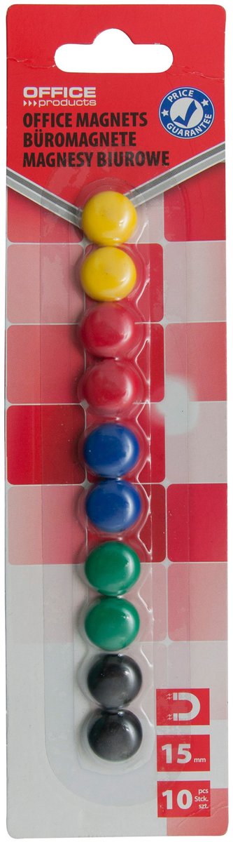 Magneten, rond, diameter 15 mm, blister van 10 stuks, assorti kleuren
