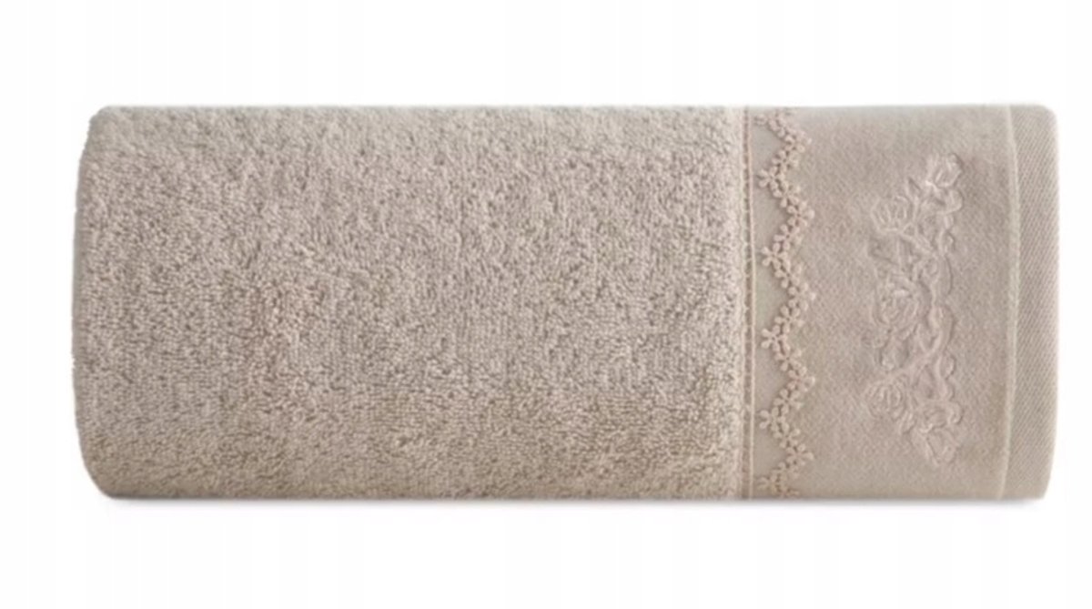 Luxe beige katoenen handdoek 50x90cm met kant en borduursel