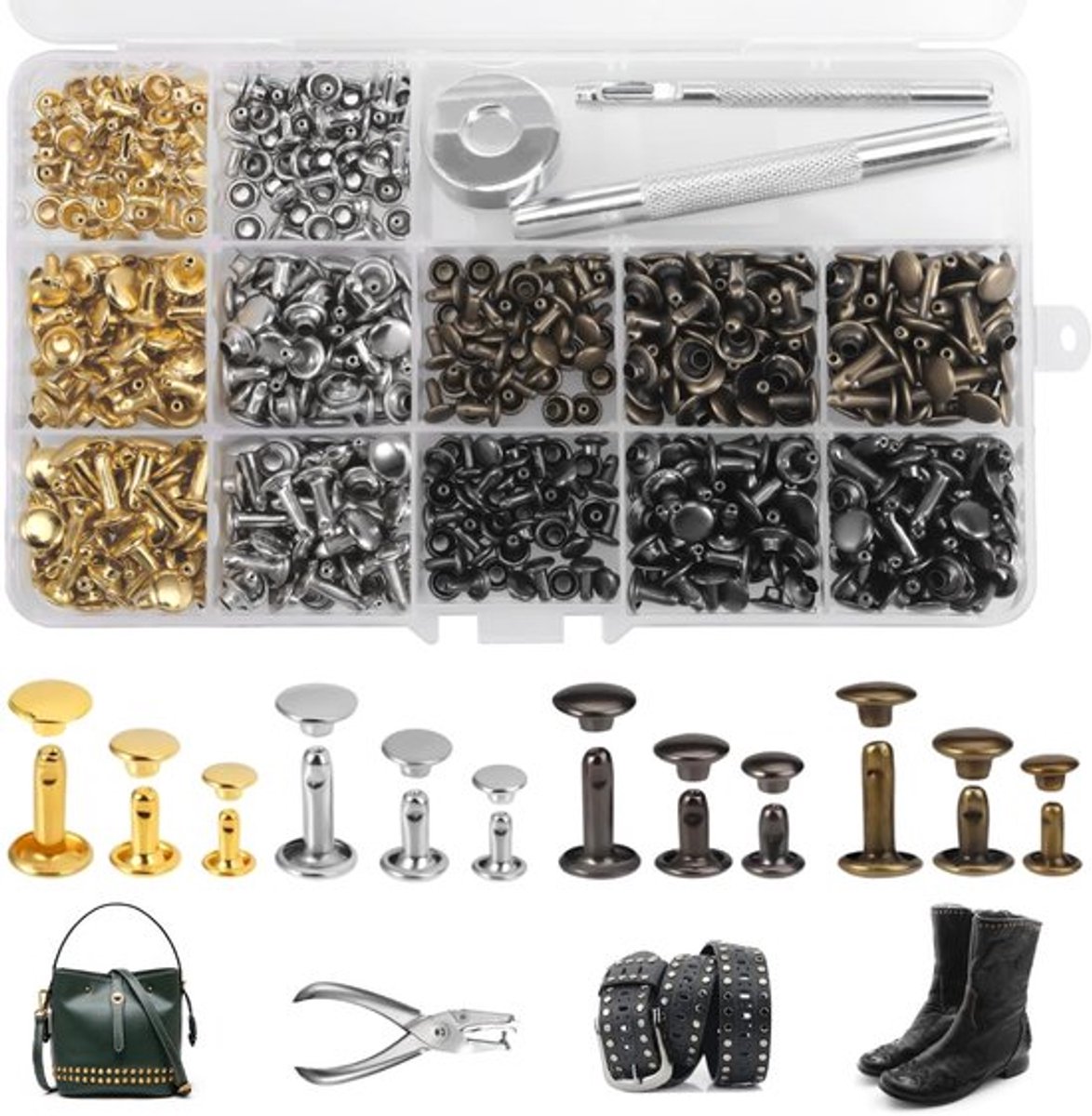 Klinknagels 240 Stuks - Klinknagels voor Leer - Bevestigingsgereedschap Kit - 3 Maten - Metalen Dubbele Cap - Transparante Opbergdoos - Klinknagelset