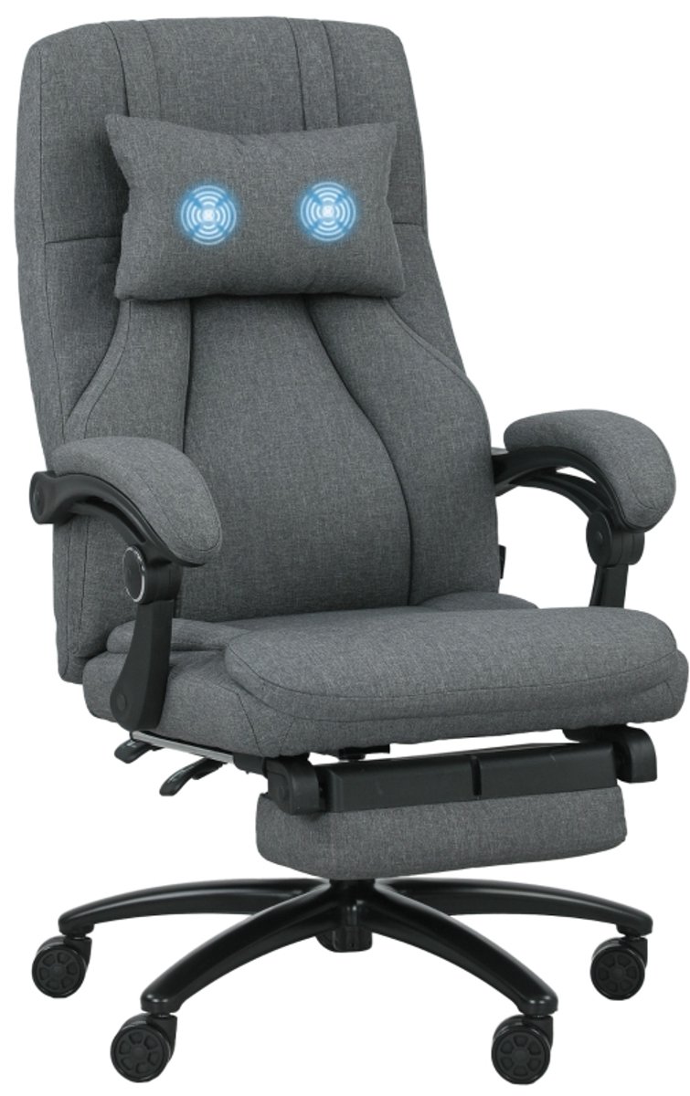 Massage-Bureaustoel Met USB-Aansluiting, Schuimrubberen Vibratiemassagekussen Met 2 Massagepunten, Ergonomisch Design, Donkergrijs, 64x74x117 Cm, Verstelbare Hoogte, Kantelbaar Tot 130°, Inklapbare Voetensteun