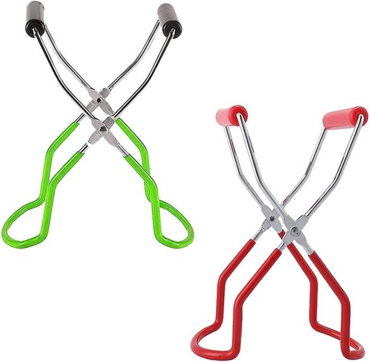 2 x inmaakpotten, glazen lifters, tang voor inmaakpotten, antislip handgrepen, rood, groen