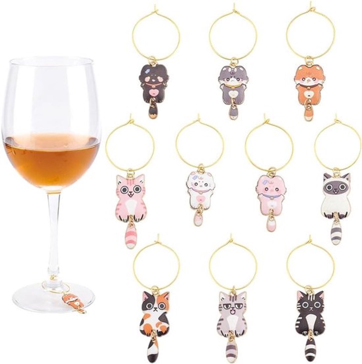 Wijnglas Identificatoren - Bedels - Katten-thema - Emaille bedels - Identificatie ringen - Etiketten - Drankmarkeringen - Wijnproeven - Partygeschenken - Decoraties met katbedels - 10 stuks.