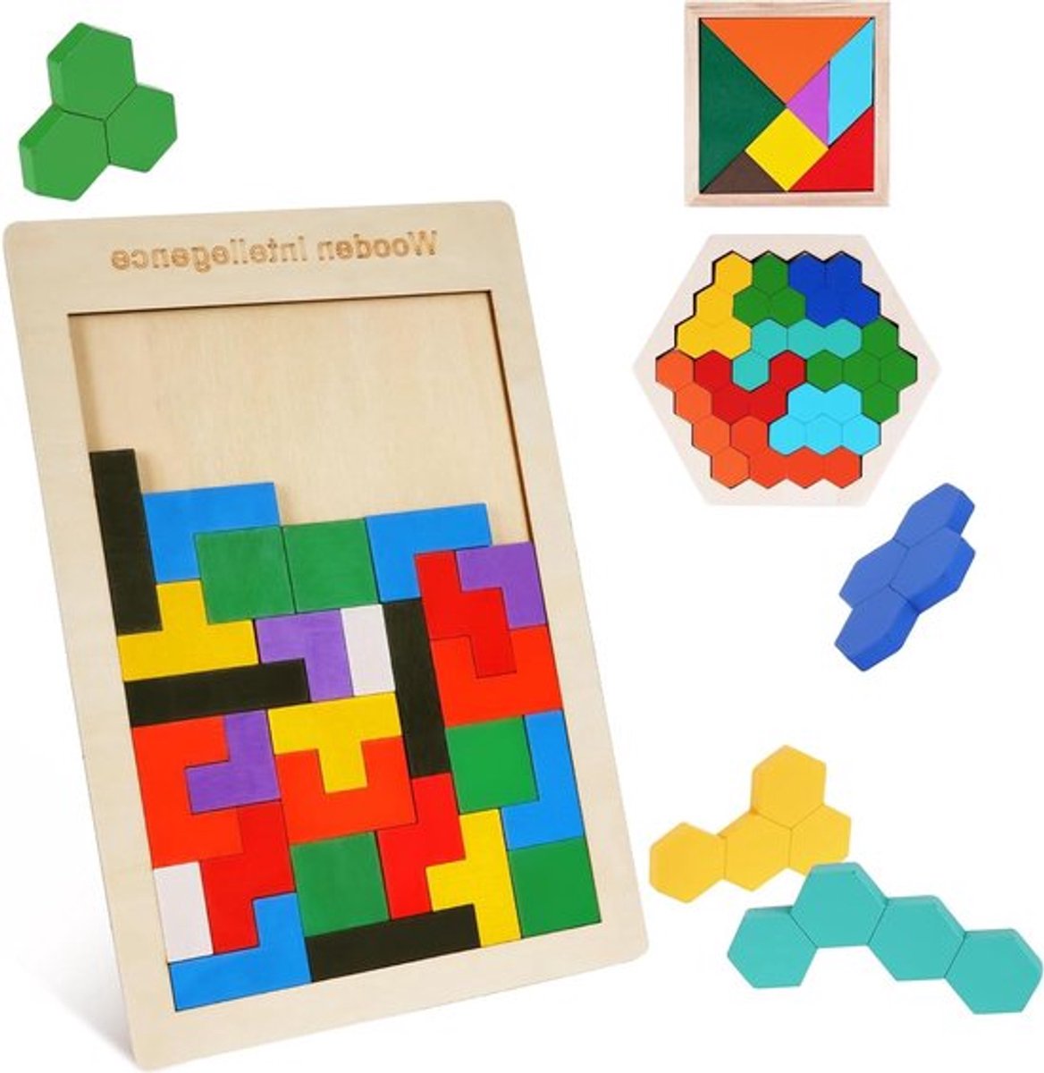 3-in-1 Houten Intelligentie Puzzelset - Tangram-puzzels - Educatief Cadeau voor Kinderen - Hersenkrakers Lego Puzzeldoos - Bouwspel voor Jongens en Meisjes
