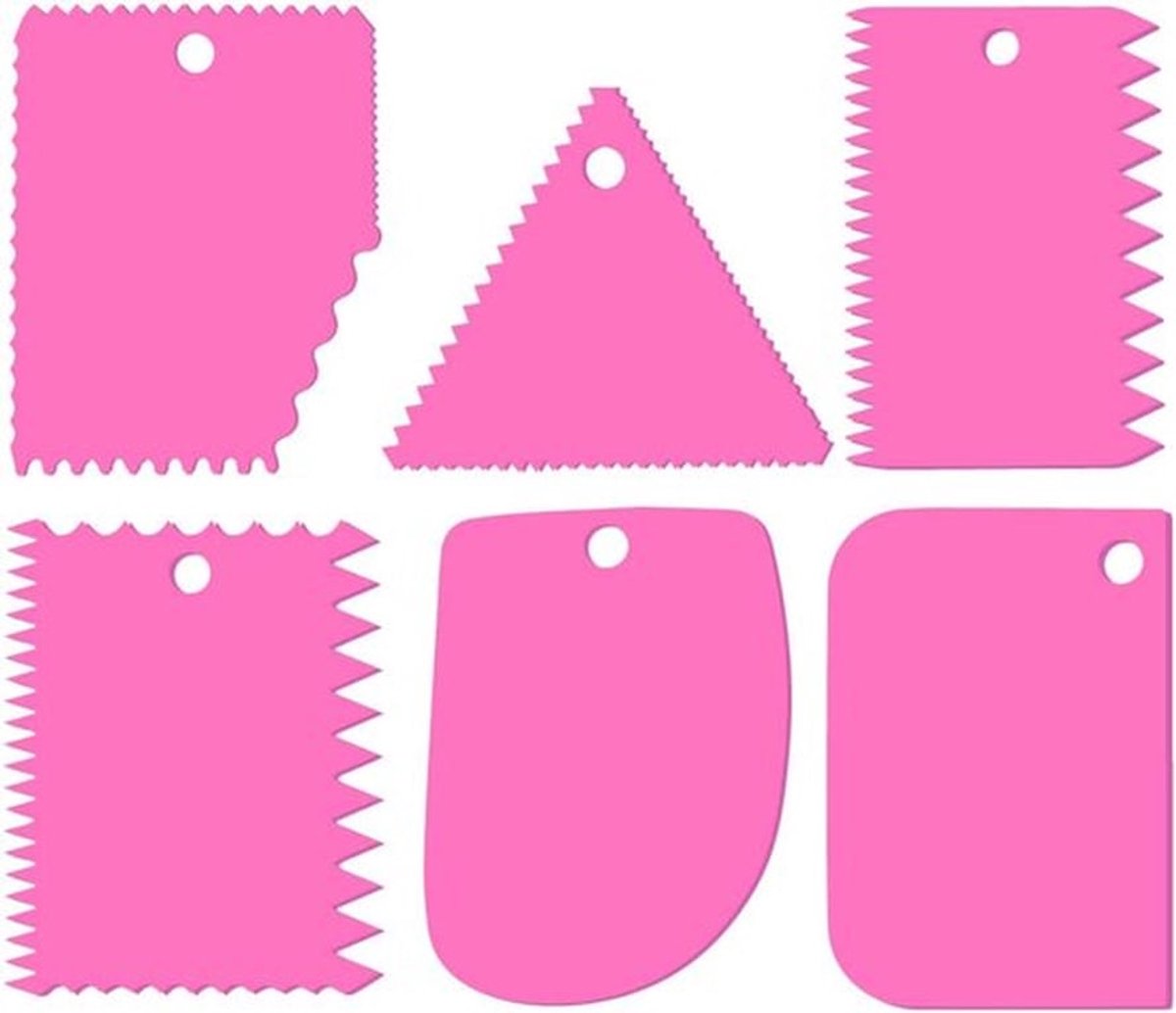 TRANKIELO® - Set van 6 Kunststof Deegschrapers – Roze Slagroomschrapers – Verschillende Vormen – Gemakkelijk te Reinigen – Geschikt voor Cake, Gebak, Glazuur, Chocolade Maken
