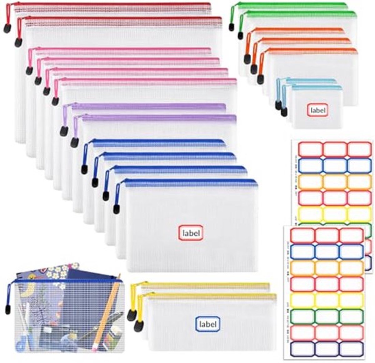 21 Stuks Kunststof Documententas met Ritssluiting voor A4, A5, A6, B4, B5, B6, B8 - Waterdichte Opbergmap in Diverse Kleuren