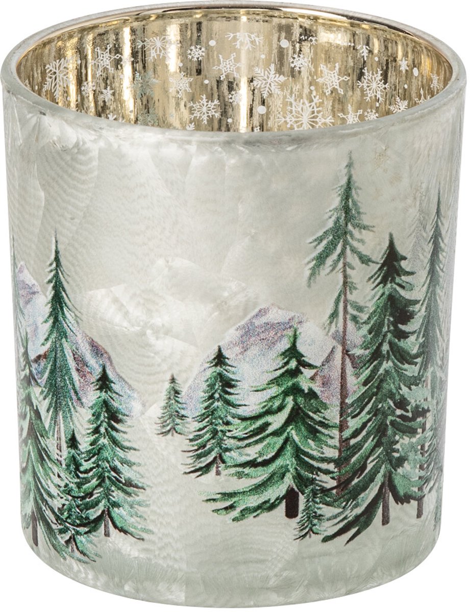J-Line Kandelaar met kerstboom - glas - wit/donkergroen - small - set van 4