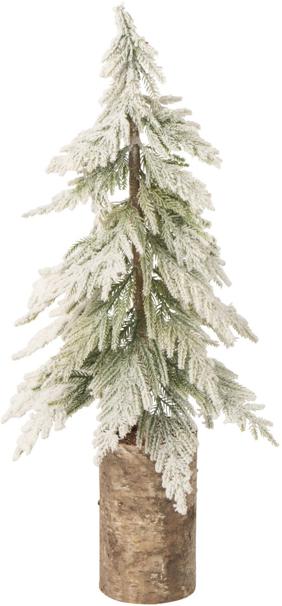 J-Line Besneeuwde kerstboom met houten voet - polyethyleen - wit/naturel - small