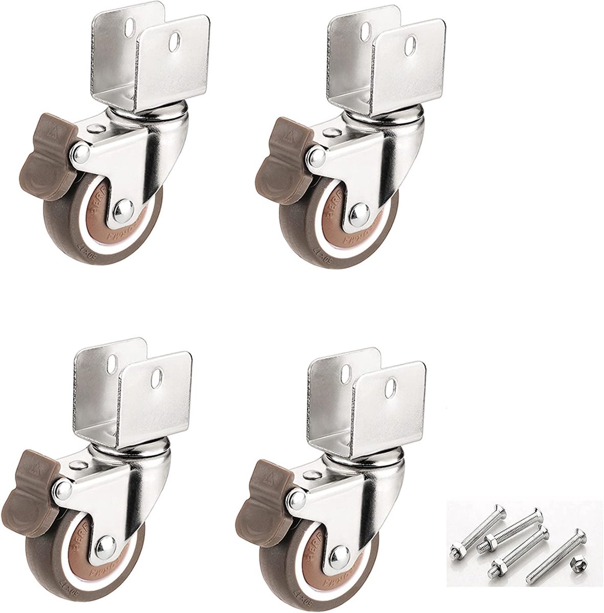 4 U-type houder, meubelwielen, 50 mm, stuks met rem, zacht rubberen zwenkwielen, voor meubels, bloemenstandaard (20 mm, 4 rem)