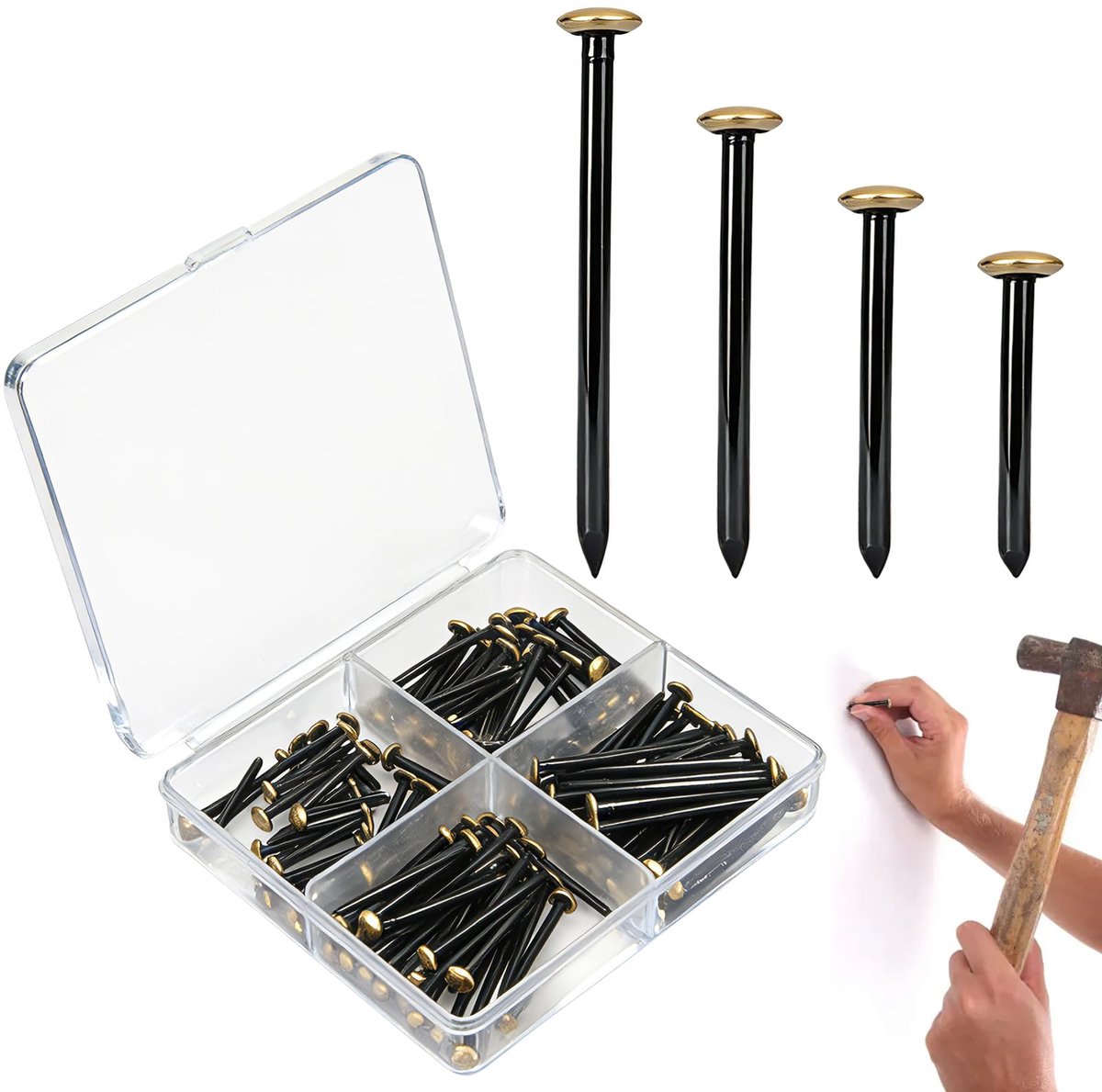 Set van 120 spijkers voor foto's, 20/25/30/40 mm, muurnagels van koolstofstaal met koperen kop, stalen spijkers voor fotolijst, betonnagels assortiment, incl. sorteerdoos, Ø 2 mm