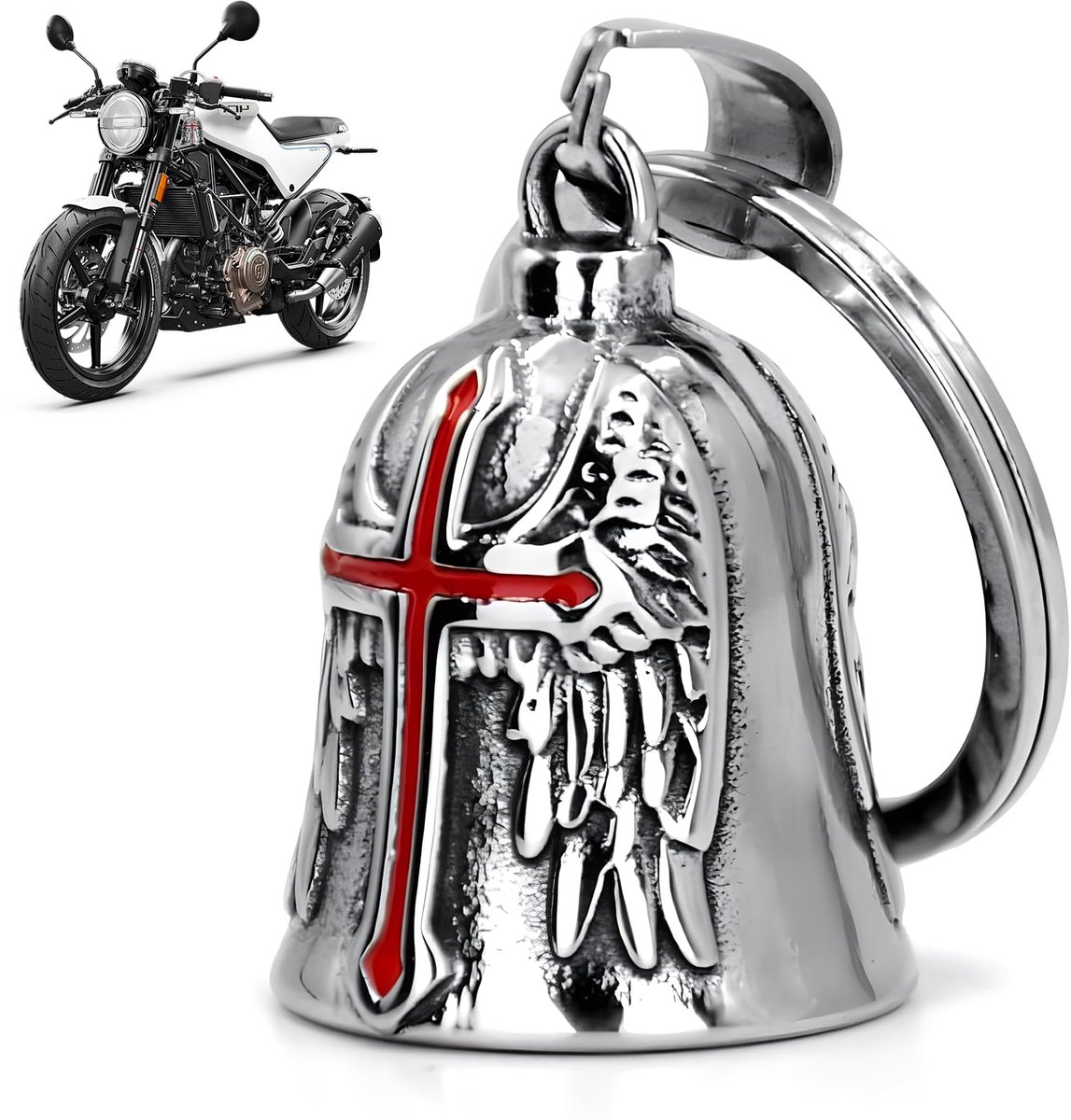 Bells voor motorfietsen, bel, motorbel, beschermengel, Guardian Bell accessoires of sleutelhanger voor biker-geschenken, zilver, 15x3 cm