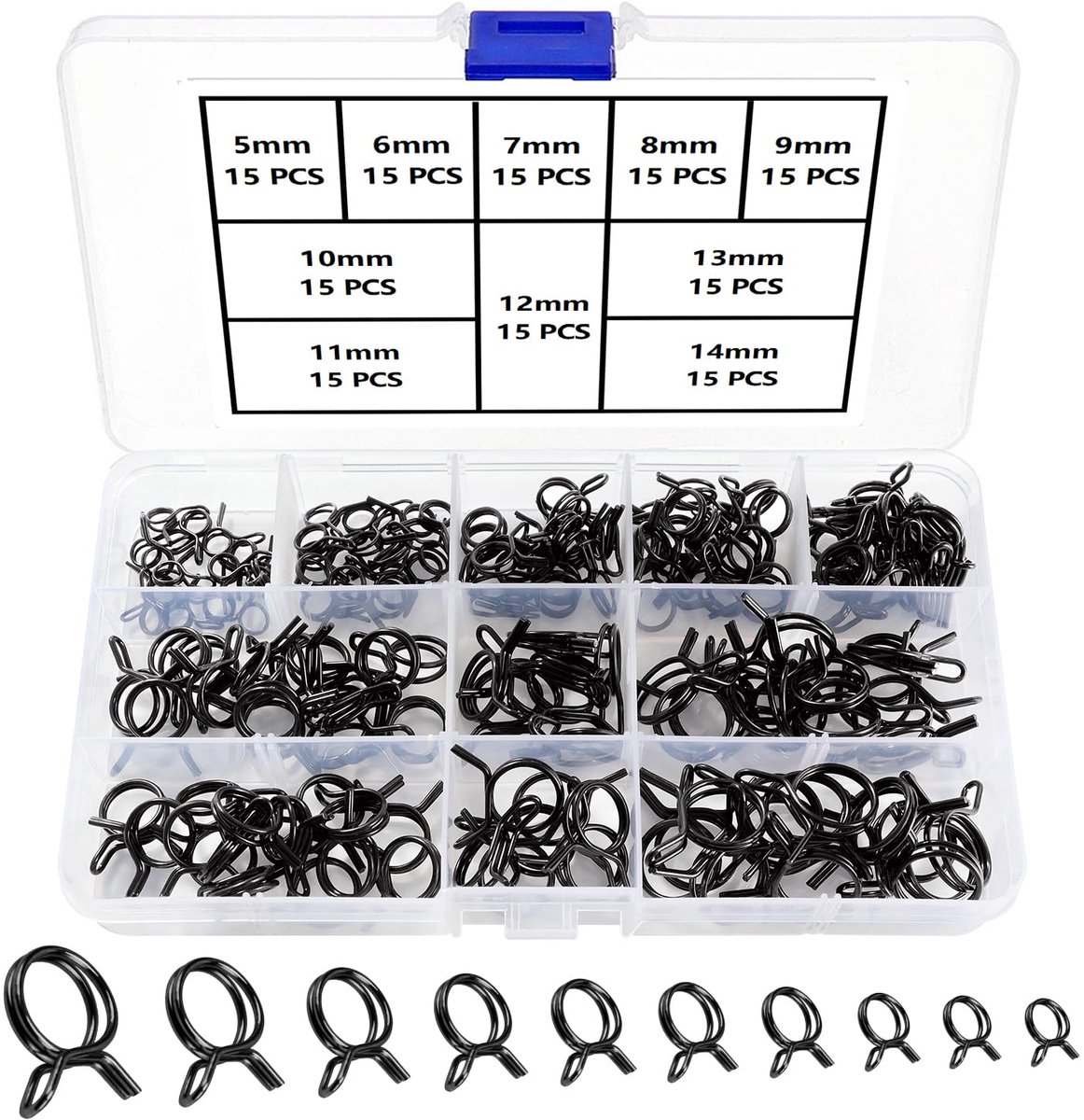 150 stuks 5-14 mm brandstofslangveerklemmen, brandstofleidingslangklemmen, assortiment slangklemmen voor slangklemmen met enkele draad, voor motorfiets, scooter, ATV (10 maten, zwart)