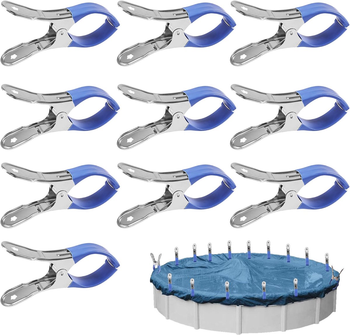 10 stuks klemmen, metaal, voor zwembadafdekking met beschermfolie, klemklemmen met sterke spankracht voor bovengrondse zwembaden, fotografie, afdekzeil, veerklemmen, bevestigingsklemmen (blauw)