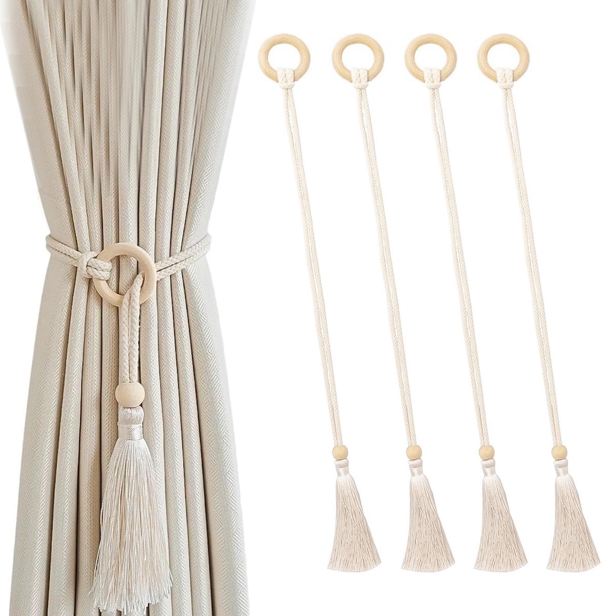 4 stuks gordijngordijnhouders 73 cm, MUNTE embrasses voor gordijnen beige, gordijnhouder met houten ring en kwast, geschikt voor woonkamer, badkamer, slaapkamer