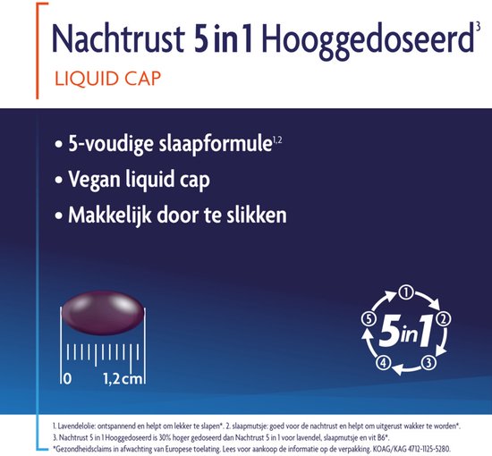Verpakking Shiepz Nachtrust 5 in 1 liquid cap met illustratie van 5in1 symbool en liniaal.