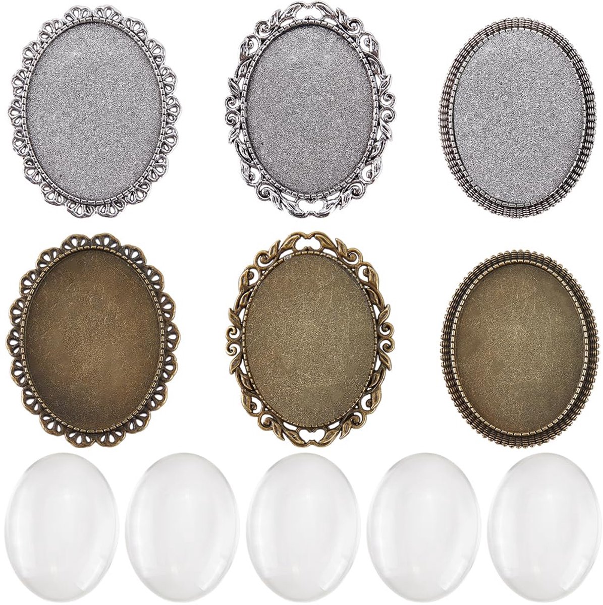 1 Doos 6 Stks Broche Pin Bevindingen Broche Cabochon Setting Vintage Tibetaanse Legering Pin Disk Base met 6 Stks Transparant Glas Cabochons Blanco Bezel Trays voor Sieraden Maken DIY