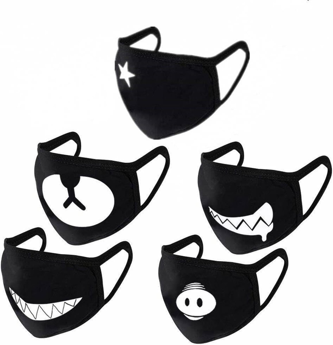 mondmasker, mondbescherming 5 stuks katoen anti-stof wind anime gezichtsmasker, herbruikbare cartoon masker voor mannen vrouwen