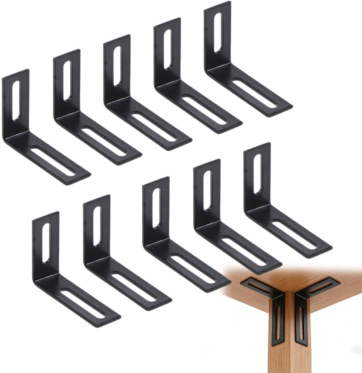 Hoekverbinders, zwart, 10 stuks, metalen hoek, 90 graden, metalen hoek, 59 x 43 x 18 mm, L-vorm, balkhoek, houten connector voor het bevestigen en repareren van houten meubels