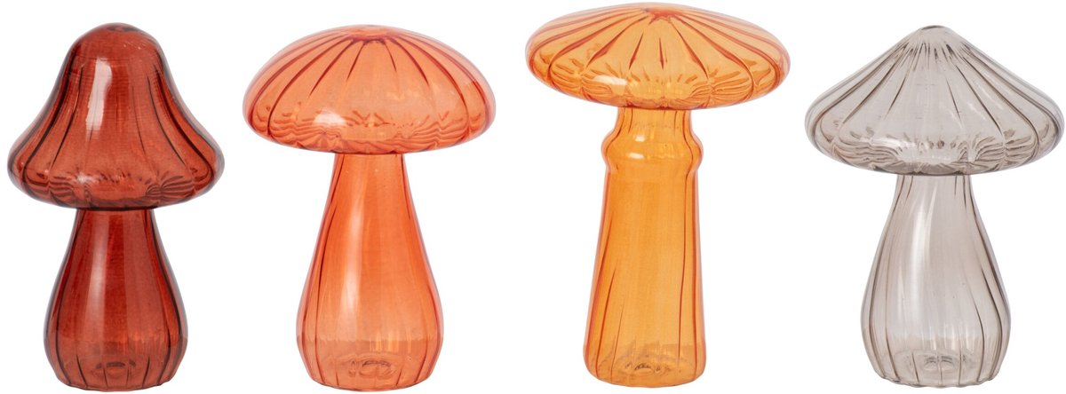 J-Line decoratie Paddenstoel - glas - meerkleurig - 4 stuks