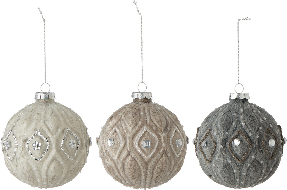 J-Line Kerstbal - glas - ecru/grijs - large - assortiment van 3