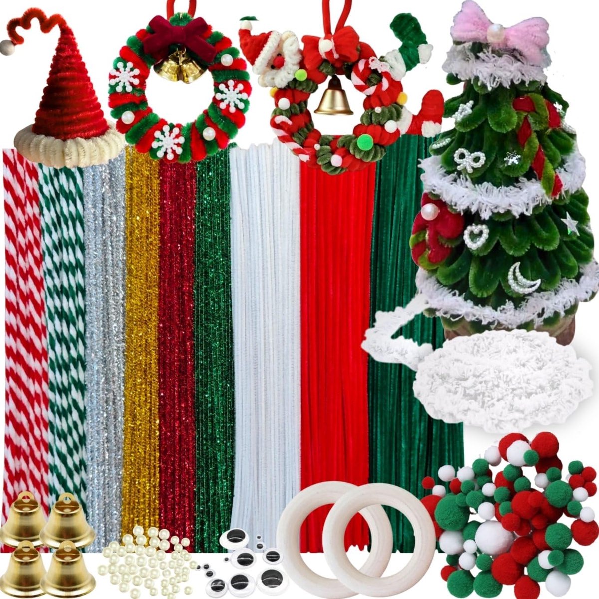 Kerstpijpenreinigerset met 260 stuks pijpenragers, kleurrijk in 9 kleuren (rood, groen, wit, glitter), 50 pompons, 40 parels, 10 wiebelogen zelfklevend, 4 kleine belletjes, 2 houten ringen, 1 wol