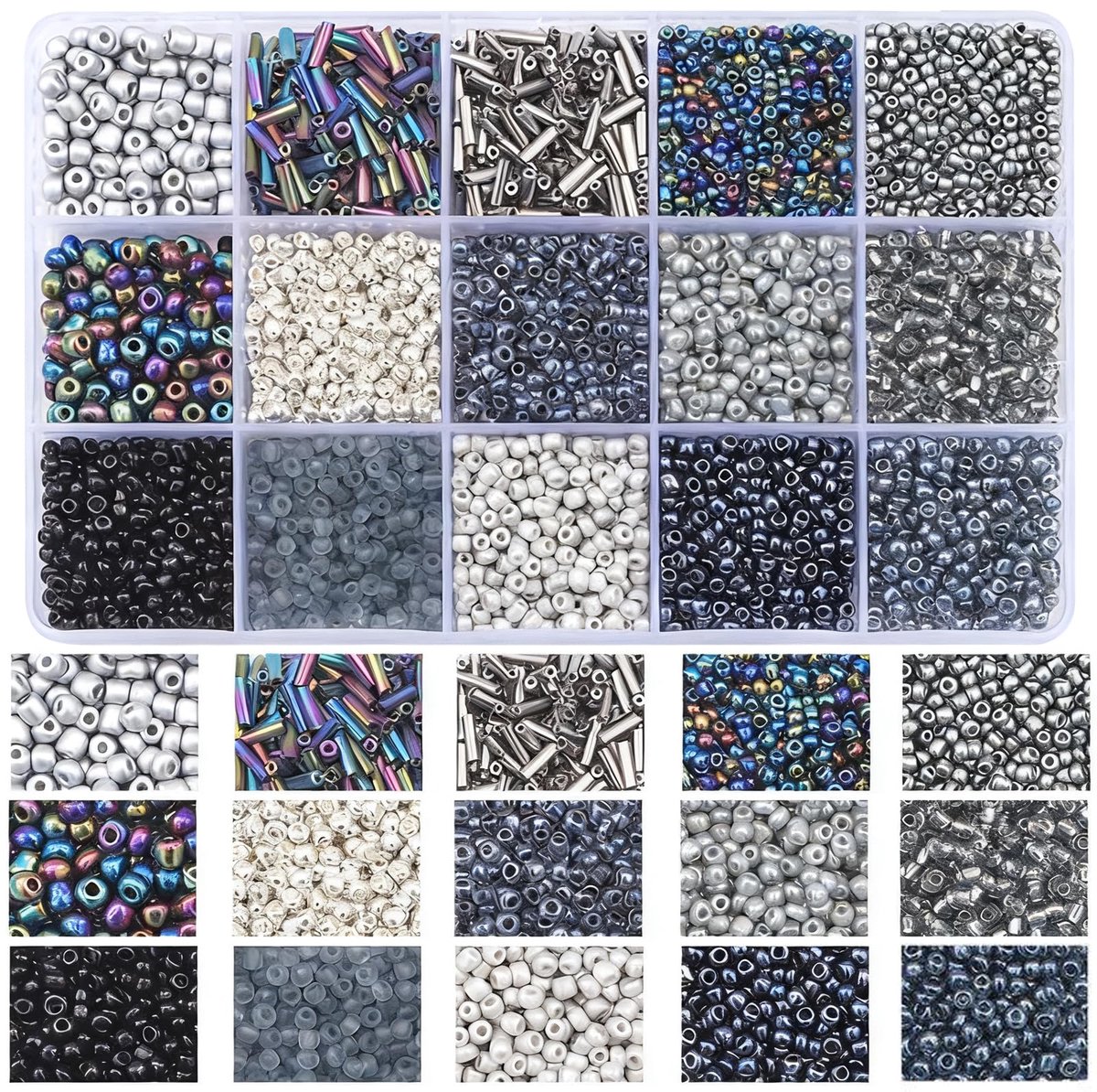 kralen, set van 15 kleuren, kleine zaadkralen en strijkkralen in opbergdoos, doe-het-zelf sieraden maken, kralen voor armbanden, halskettingen, oorbellen (wit/beige) (zwart)