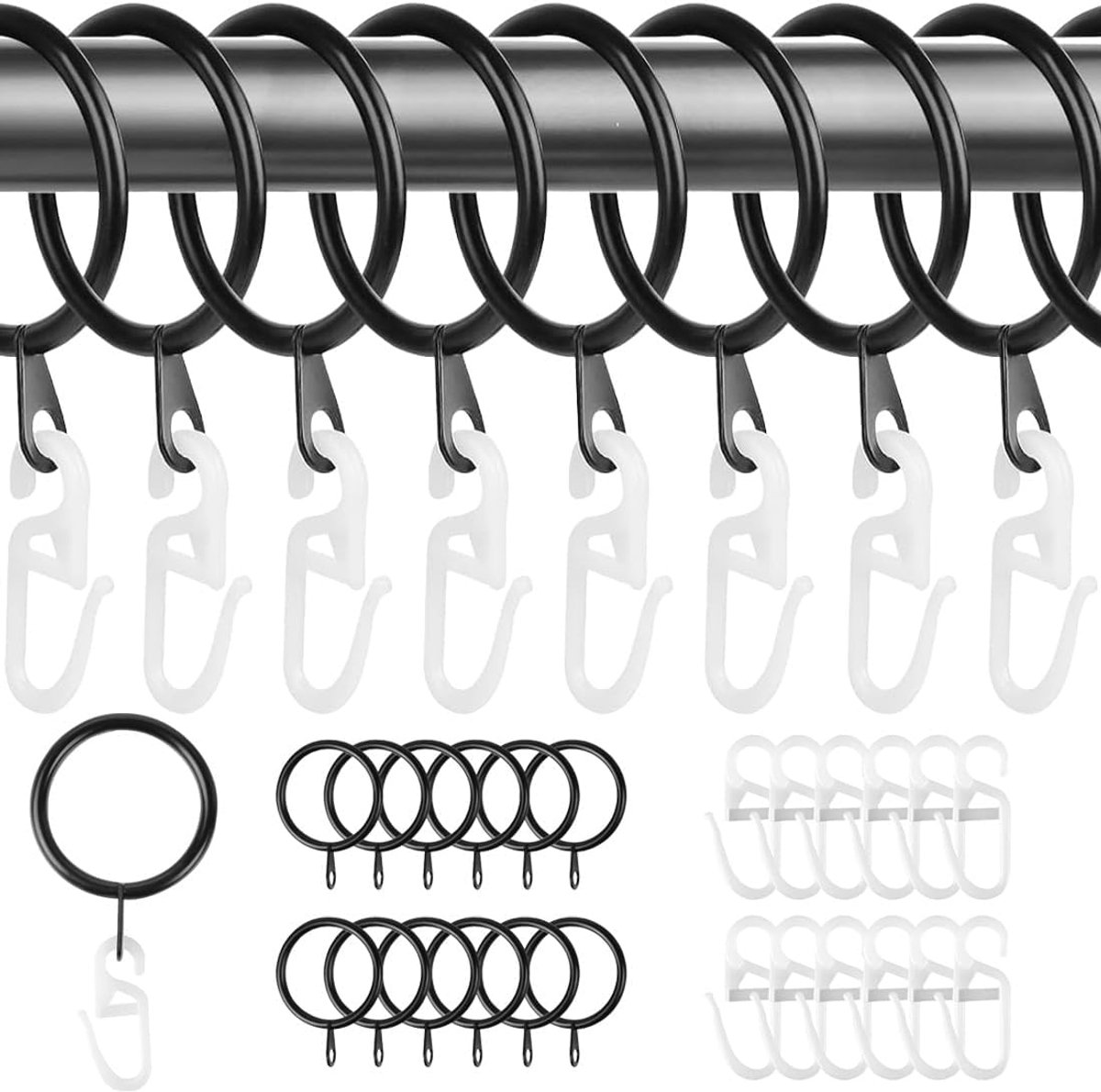 Ringen van metaal, 30 stuks ringen en haken voor gordijnen van metaal, 37 mm stille ringen voor gordijnroedes, ringen voor het ophangen van douchegordijnstangen, gordijnroedes en gordijnen