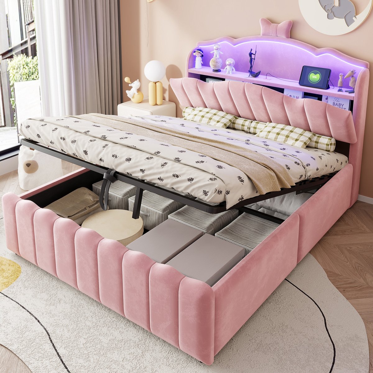 PHOEBE CAT Kinderbed - 140 x 200 cm - Gestoffeerd hoofdeinde - Opbergruimte - LED-verlichting - Oplaadpoort - Fluweel - Roze