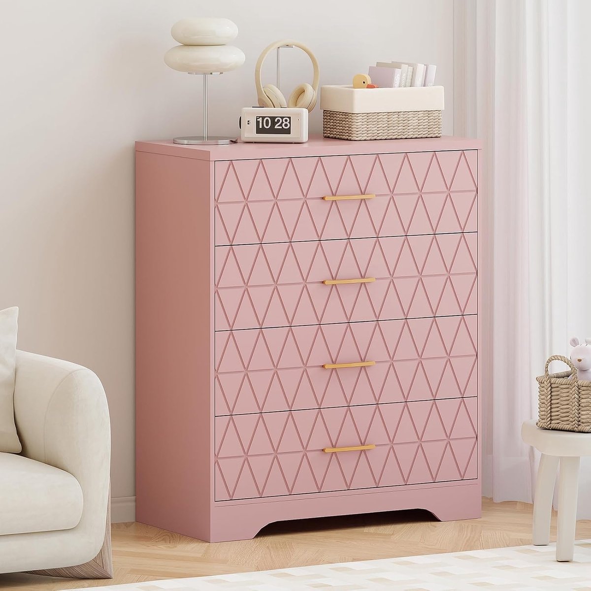 Triumpunpre - Ladekast Hoge 4 Lades houten ladekast - moderne kledingkast - grote opbergcapaciteit voor slaapkamer, woonkamer, entree of gang - Roze