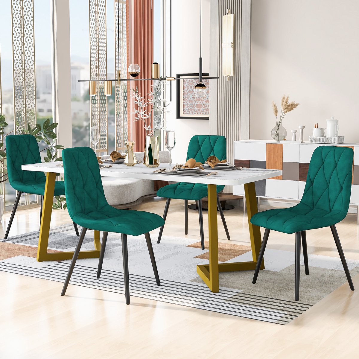 Eettafelset - complete set met 1 eettafel en 4 stoelen - tafel 45 x 40 x 86 cm - rechthoekig - mdf - groen - voor keuken of eetkamer